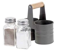 Salero y pimentero de vidrio con soporte de almacenamiento de metal