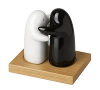 Saleros de cocina de abrazo, saleros de mesa de cerámica, set salero y pimentero color blanco y negro con forma de fantasmita, apto para salero y azucarero cocina (Salero con base madera)