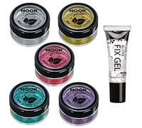 Saleros de Purpurina Eco Biodegradable de Moon Glitter - Purpurina 100% Cosmética Bio para Cara, Cuerpo, Uñas, Pelo y Labios - 5g Set de 5 - más Gel Fijador de Purpurina