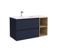 Salgar Mueble de Baño Bequia 100cm + Coqueta 2 Huecos Derecha + Lavabo cerámica | Azul Mate/Roble |100x45x56