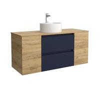 Salgar Mueble de Baño Bequia 120cm + Coqueta 1 Puerta Centrado + Encimera + Lavabo posar| Azul Mate/Roble |120x45x56