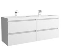 Salgar Mueble de baño Bequia 140 cm 100% montado de fábrica Acabado Mate suspendido 4 cajones Cierre amortiguado Apertura con uñero Lavabo 2 pozas Porcelana Blanco Mate