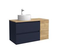 Salgar Mueble de Baño Bequia 90cm + Coqueta 1 Puerta Lado Reversible + Encimera + Lavabo posar| Azul Mate/Roble |90x45x56