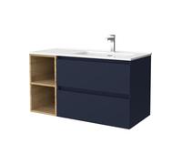 Salgar Mueble de Baño Bequia 90cm + Coqueta 2 Huecos Izquierda + Lavabo cerámica | Azul Mate/Roble |90x45x56
