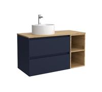 Salgar Mueble de Baño Bequia 90cm + Coqueta 2 Huecos Lado Reversible + Encimera + Lavabo posar| Azul Mate/Roble |90x45x56