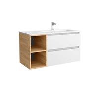 Salgar Mueble de Baño Bequia Plus 100 cm 2 cajones Blanco Mate y Coqueta Izquierda 2 Huecos Roble con Lavabo Integrado