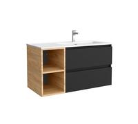 Salgar Mueble de Baño Bequia Plus 100 cm 2 cajones Negro Mate y Coqueta Izquierda 2 Huecos Roble con Lavabo Integrado