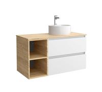 Salgar Mueble de Baño Bequia Plus 90 cm 2 cajones Blanco Mate y Coqueta 2 Huecos Roble con Lavabo sobre encimera