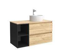Salgar Mueble de Baño Bequia Plus 90 cm 2 cajones Roble y Coqueta 2 Huecos Negro Mate con Lavabo sobre encimera