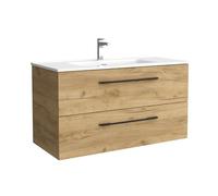 Salgar Mueble de baño Morai 100 cm 100% montado de fábrica Acabado Roble Tirador Negro suspendido 2 cajones Cierre amortiguado Lavabo Porcelana Blanca Marca, 97953