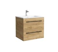 Salgar Mueble de baño Morai 60 cm 100% montado de fábrica Acabado Roble Tirador Negro suspendido 2 cajones Cierre amortiguado Lavabo Porcelana Blanca Marca, 97951