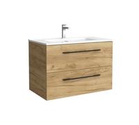Salgar Mueble de baño Morai 80 cm con Lavabo 100% montado de fábrica | Acabado Roble Tirador Negro suspendido 2 cajones Cierre amortiguado | Lavabo Porcelana Blanca | Marca
