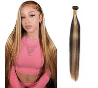 Salharer Extensiones de pelo humano para coser, extensiones de cabello humano recto, extensiones de doble trama, extensiones de pelo Remy, color rubio, sin divisiones, 28 pulgadas