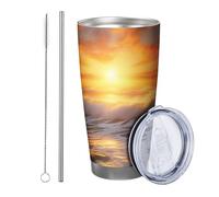 Salida del sol con tapa y vaso de pajita, olas de piedra, mar, océano, naturaleza, nube, cielo, sol, paisaje, orillas, naranja, gris, con recubrimiento en polvo, caliente y frío, sin derrames, oficina