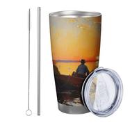 Salida del sol con tapa y vaso de pajita, pintura al óleo, gente, artístico, hermoso, árbol, barco, lago, naranja, gris, metal inoxidable, caliente y frío, sin derrames, oficina, club al aire libre