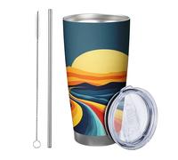 Salida del sol con tapa y vaso de popote, diseño abstracto artístico de ondas bohemias, patrón geométrico impreso amarillo azul con recubrimiento en polvo caliente y frío, sin derrames, oficina, al