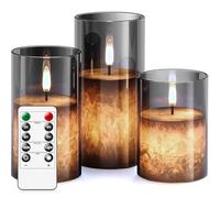 salipt Velas de LED sin Llama Reales Vidrio, Velas Electricas de Cera Reales con Mando a Distancia y Temporizador Velas Decorativas, 3 piezas (10 cm, 12,7 cm, 15 cm) - Gris