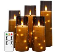 salipt Velas LED con Efecto de Cristal, Vela Eléctrica Efecto Llama, Velas a Pilas sin Llama con Control Remoto, Temporizador, Juego de 5 Veladoras LED con Vidrio Acrílico y Cadena de Luces