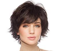 Sallcks Peluca corta en capas para mujer, color marrón, natural, esponjoso, sintético, peluca de repuesto para fiestas diarias, Halloween