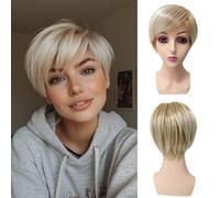 Sallcks Pelucas cortas rubias para mujer, en capas, mezcla de rubio platino, peluca sintética resistente al calor, peluca Pixie para fiestas y uso en cosplay