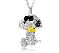 SALLY ROSE Peanuts Snoopy Collar para mujer, licencia oficial, 40.6 cm + 7.6 cm Crystal Pave Joe Cool and Woodstock Collar con colgante de cristal, a la moda, cristal