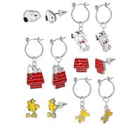 SALLY ROSE Peanuts Woodstock and Snoopy - Juego de 6 pares de pendientes con licencia oficial, pendientes esmaltados y aros con colgante