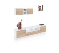 Salón con mueble de tv y estantería en blanco brillo y roble canadian 200 cm kenzo blanco brillo - roble canadian 200 x 46 x 41 cm
