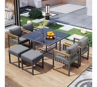 Salón de jardín al aire libre 6 personas madera, conjunto de mesa y sillas al aire libre de 7 piezas, mesa de cristal templado, mano corredora de madera de acacia, apto para comidas en el patio