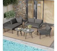Salón de jardín exterior para 4/5 personas, salón de jardín, balcón y terraza, conjunto de sofá de exterior de cuerda tejida a mano, incluye todos los cojines de asiento y respaldo