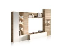 Habitdesign Salón Compacto 260, Mueble televisión, Modelo Essential, Acabado Roble Canadian y Blanco Brillo, Medidas: 185 cm (Alto) x 260 cm (Ancho) x 42 cm (Fondo)