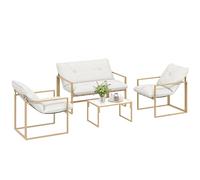 Salón Jardín E4 Piezas Acero Sofá 2P 2 Sillas Mesa Bajo Cojines 15cm Caqui