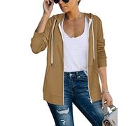 Saloogoe Sudaderas con capucha ligeras con cremallera para mujer, sudaderas con capucha de manga larga, chaqueta delgada con cremallera, 02-Marrón, Large