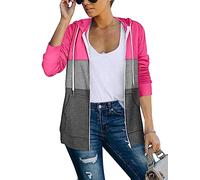 Saloogoe Sudaderas ligeras con capucha y cremallera para mujer, de manga larga, chaqueta fina con cremallera, 02, bloque de color, rosa intenso, XXL