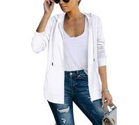 Saloogoe Sudaderas ligeras con cremallera para mujer, sudaderas con capucha de manga larga, chaqueta fina con cremallera, blanco, S