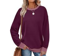 Saloogoe Sudaderas para mujer, cuello redondo, manga larga, ajuste holgado, bloque de color, ribete acanalado, moda 2025, F- púrpura, Large