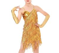 Salsas - Vestido de baile latino con lentejuelas, borlas, flecos, flapper, vestido de cóctel de los años 20, tangos, baile de salón, disfraz de baile de salón y flecos para mujer, dorado, L