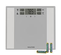 Salter 9185 SV3R Báscula analizadora Dashboard, pantalla LCD, mide peso, grasa y agua corporal, masa ósea y muscular, IMC y TMB, memoria para 12 usuarios, modo atleta, ultrafina, plateada
