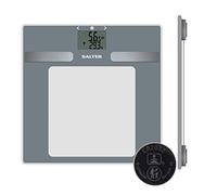 Salter 9194 SV3R Báscula analizadora de vidrio digitales, baño, memoria de 8 usuarios, mide peso, IMC, grasa y agua corporal, pantalla LCD fácil leer, vidrio templado fina, pilas incluidas, plateada