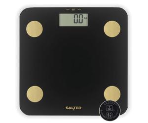 Salter Analyser Smart Scale, báscula de baño 180 kg, 7 mediciones | Plataforma vidrio negro, sensores analizadores dorados, modo atleta, 9 perfiles usuario, encendido al subir