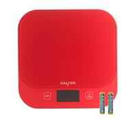 Salter British Bakes Báscula Digital de Cocina - Alta Capacidad de 10 kg, Mide Líquidos, Impermeable, Función TARA, Plataforma de Vidrio, Precisión de 1g, Pantalla Iluminada, Roja