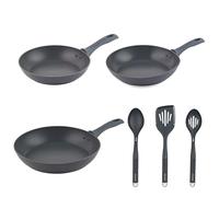 Salter COMBO-8695 Marino - Juego de sartenes y utensilios antiadherentes de 24/28/30 cm con espátula ranurada, cuchara ranurada y cuchara sólida, sartenes de inducción de aluminio forjado, utensilios