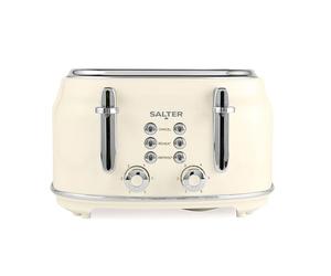 Salter EK5739CRM Retro 4-Slice Toaster - Wide Slots, 6 Browning Levels, Defrost, Reheat, Cancel Functions, Removable Crumb Tray, Extra Thick Bread/Bagels, High-Lift Eject, Self-Centring, 1630W, Cream