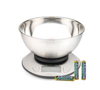 Salter Escala De Cocina con Bol - Múltiples Medidas, Medidas Líquido, 5kg/ 11lbs Capacidad Máxima, Tazón De Acero 2l, Pantalla LCD, Acero Inoxidable, Doble Uso, Preparación De Comidas.