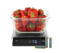 Salter Expert Báscula de cocina 5 kg con pantalla LED inclinada | Medición líquidos Aquatronic, función tara, plataforma acero inoxidable, negro, diseño compacto fácil limpiar