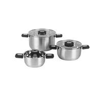 Salter Juego de Ollas Apilables de 3 Piezas Ollas de Cocina de Acero Inoxidable de 16/20/24 cm, Asas Plegables Suaves al Tacto, Aptas para Inducción, Tapas de Vidrio Templado.