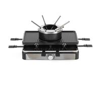 Salter Parrilla Eléctrica Raclette & Fondue - Parrilla Interior 2 en 1, Olla para Derretir de 1,3L, Fondue de Queso, 6 Tenedores, Temperatura Ajustable, 8 Sartenes y Espátulas Antiadherentes, 1400W