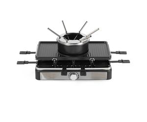 Salter Parrilla Eléctrica Raclette & Fondue - Parrilla Interior 2 en 1, Olla para Derretir de 1,3L, Fondue de Queso, 6 Tenedores, Temperatura Ajustable, 8 Sartenes y Espátulas Antiadherentes, 1400W