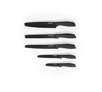 Salter ProtecTip Juego de 5 Cuchillos - Bordes de hoja redondeados, incluye cuchillo de chef, pan, trinchar, multiusos y pelador, mangos ergonómicos con tacto suave, recubrimiento antiadherente, negro