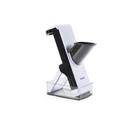 Salter Safe Slice Mandoline - Cuchillas de acero inoxidable intercambiables, Juliana, Bastón y Corte Dual, Empujador de alimentos de seguridad, Bandeja recogedora plegable con tapa de almacenamiento