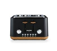 Salter Toronto Tostadora 4 Rebanadas - Ranuras Anchas, 6 Niveles, Bandeja de Migas Extraíble, Descongelar, Recalentar y Cancelar, Auto-Centrado, 1630 W, Efecto Madera, Negro Mate